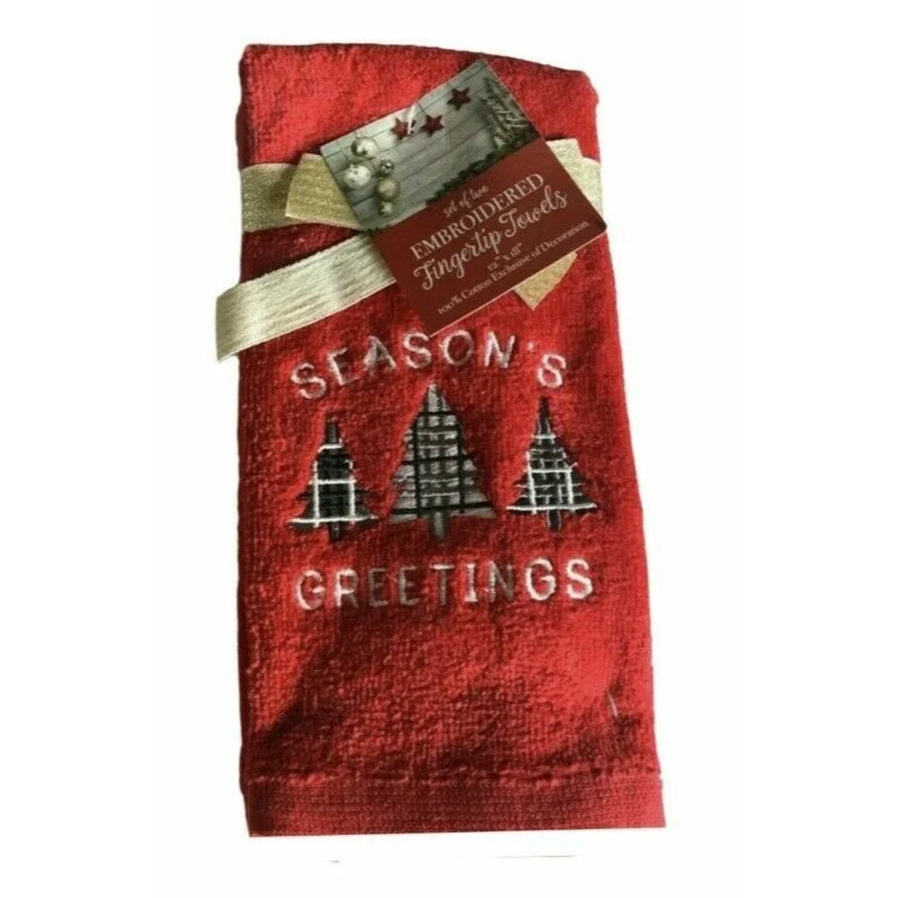 Christmas Fingertip Towels Seasons Greetings Embroidered Holiday Red Set of 2